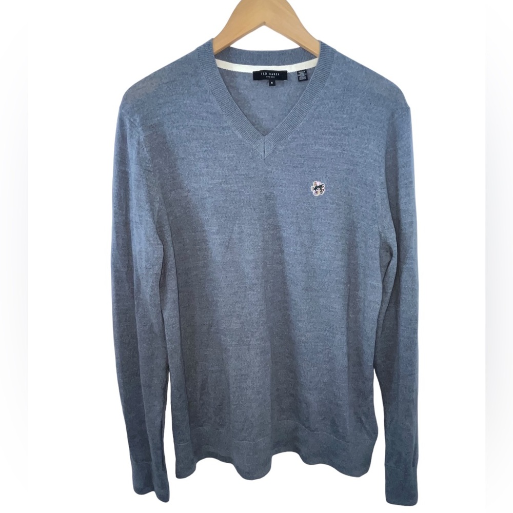 Ted Baker London Cardiff Magnolia‎ Logo Mens Sz 5 Large 100% Wool Sweater Gray